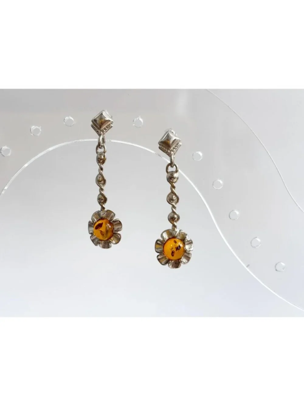 Baltic Amber Sunflower Shaped Spiral Vintage Sterling Silver 925 Dangle Earrings